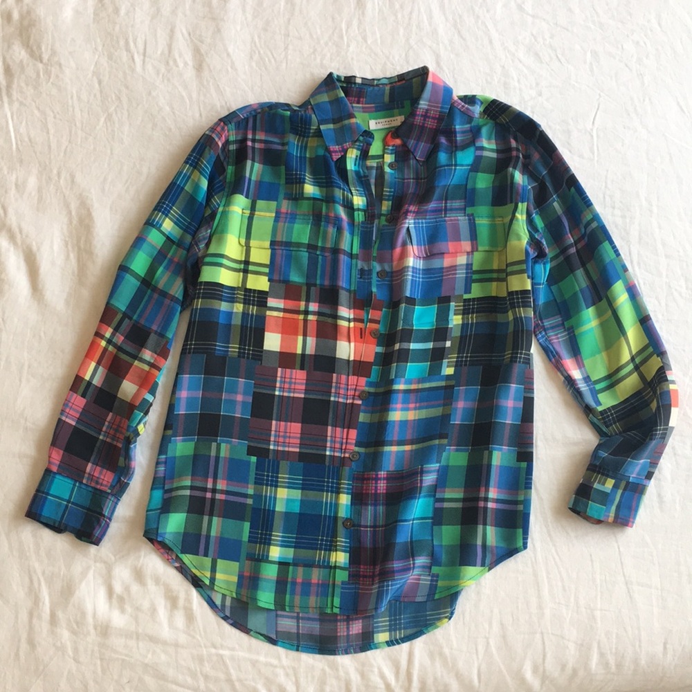 Equipment 100% silk multi-plaid top